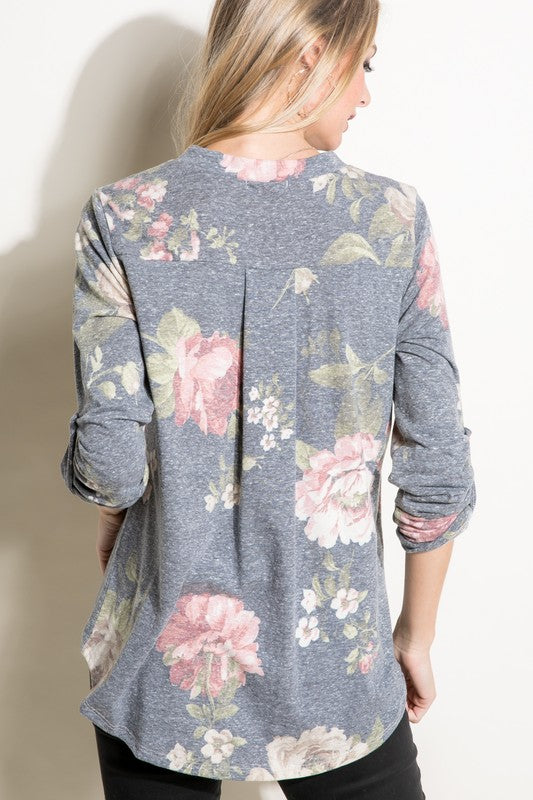 FLORAL SPLIT NK ROLL TAP SL TOP