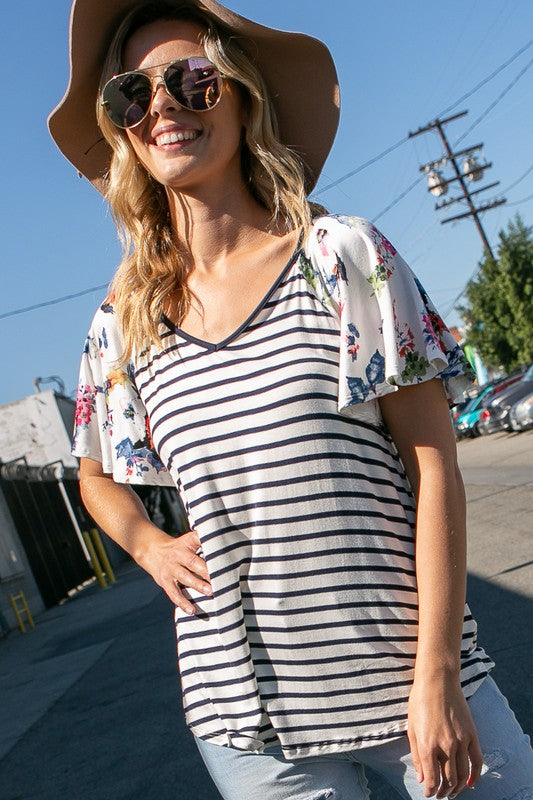 FLORAL STRIPE MIXED TOP