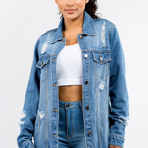 American Bazi Full Size Button Up Distressed Denim Jacket