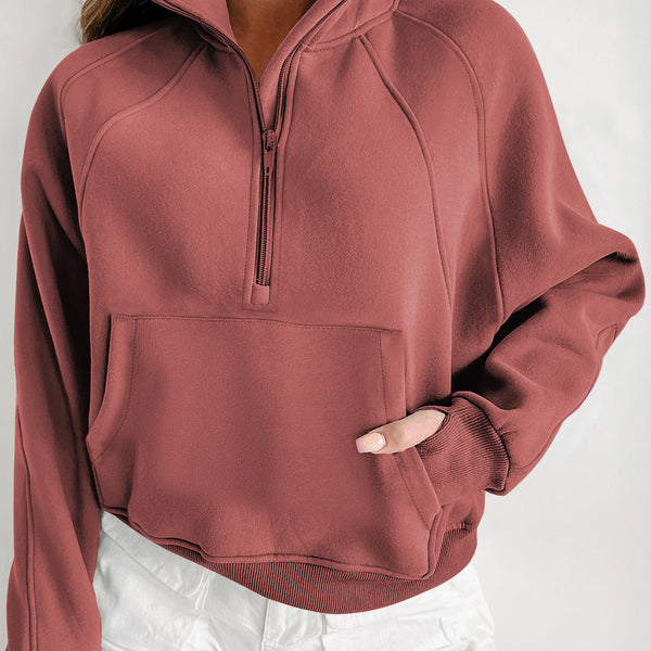 Brown Zip Up Stand Collar Ribbed Thumbhole Sleeve Sweatshirt