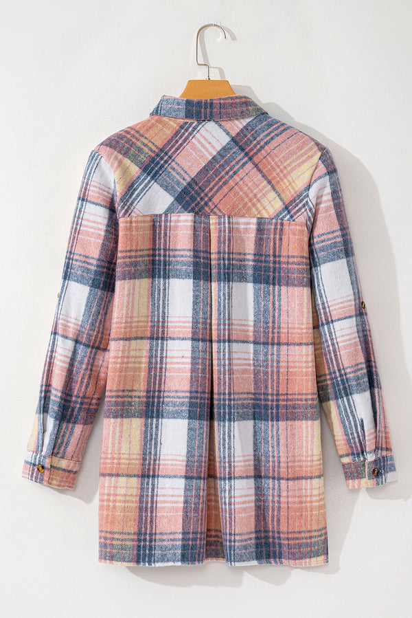 Pink Plaid Roll-tab Sleeve Side Slit Shirt Dress