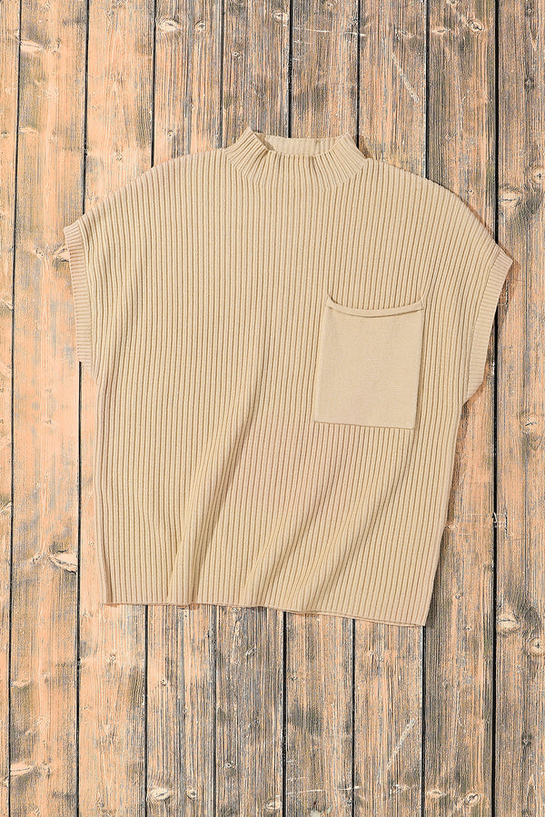 Oatmeal Patch Pocket Ribbed Knit Short Sleeve Sweater