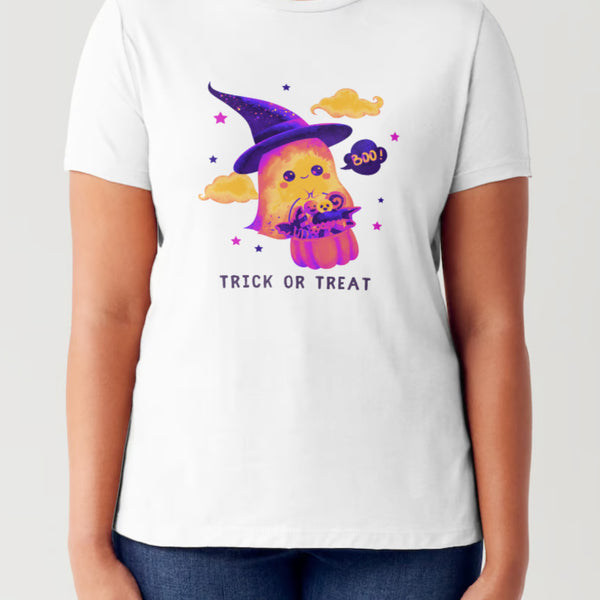 Simply Love Full Size TRICK OR TREAT Ghost Graphic Short Sleeve Tubular T-Shirt