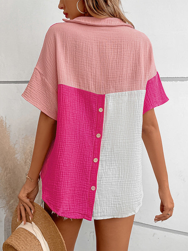 Color Block Johnny Collar Short Sleeve Blouse - Crazy Like a Daisy Boutique #