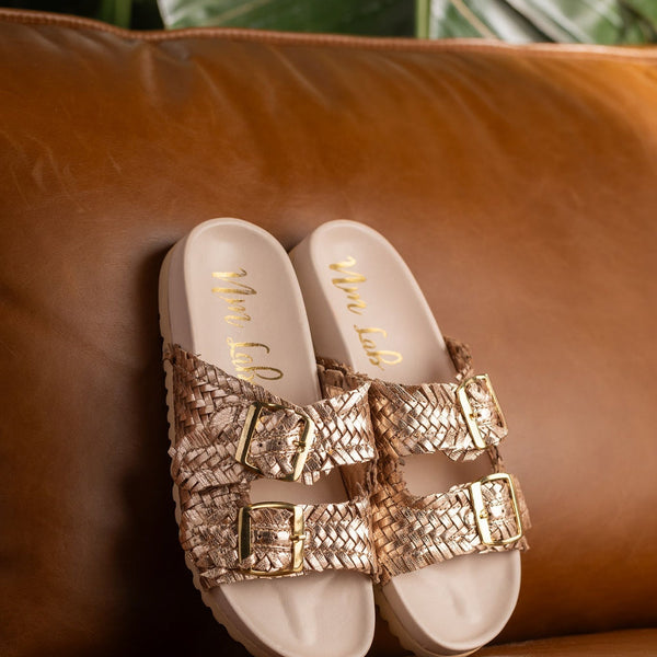 Intertwine Dual Woven Strap Slide in Champagne