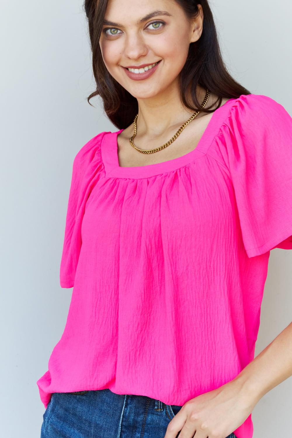 Ninexis Keep Me Close Square Neck Short Sleeve Blouse in Fuchsia - Crazy Like a Daisy Boutique #