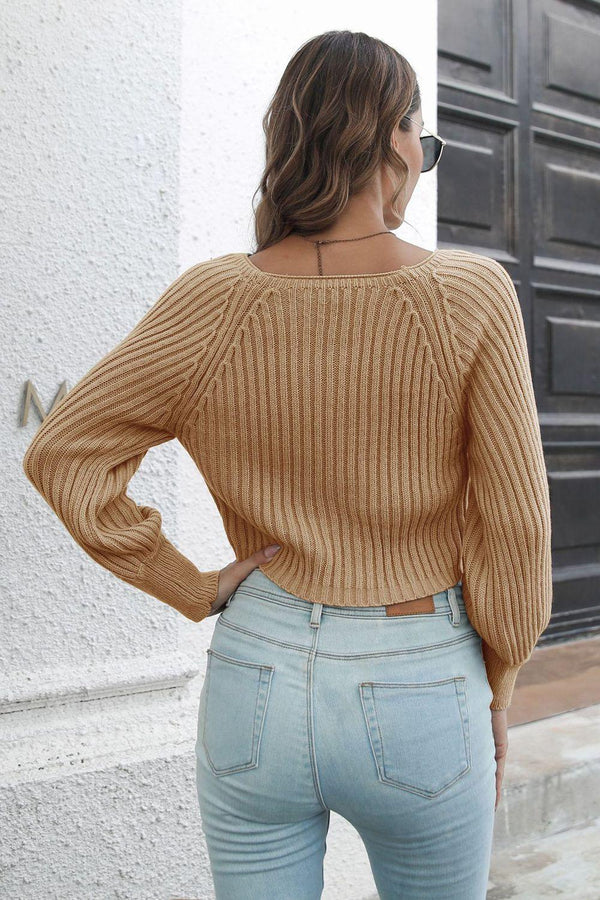 Cropped Round Neck Raglan Sleeve Ribbed Pullover Sweater - Crazy Like a Daisy Boutique