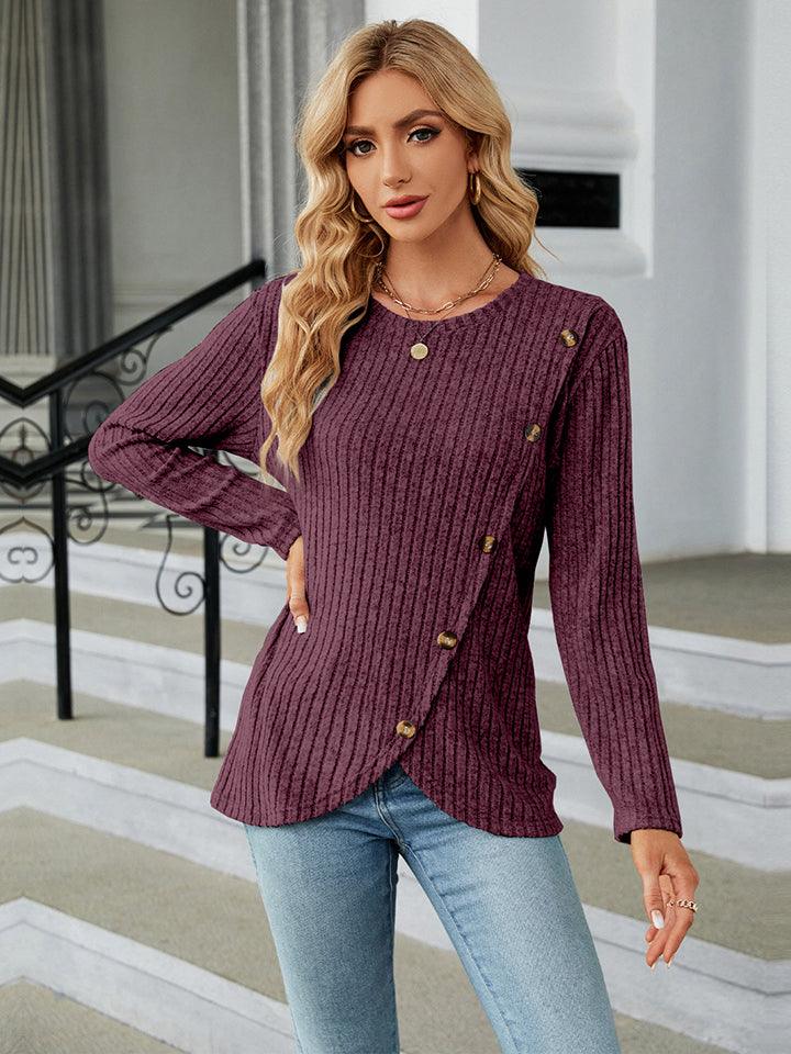 Round Neck Ribbed Button Detail Blouse - Crazy Like a Daisy Boutique #