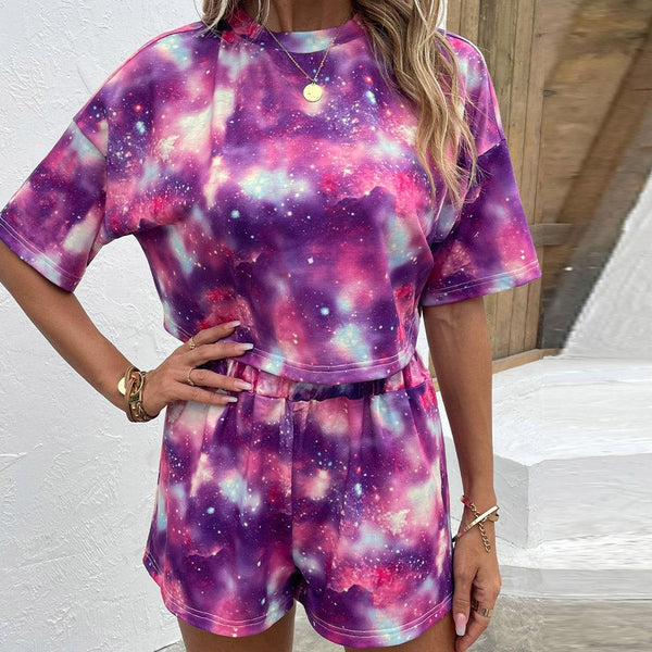 Tie Dye Round Neck Dropped Shoulder Half Sleeve Top and Shorts Set - Crazy Like a Daisy Boutique #