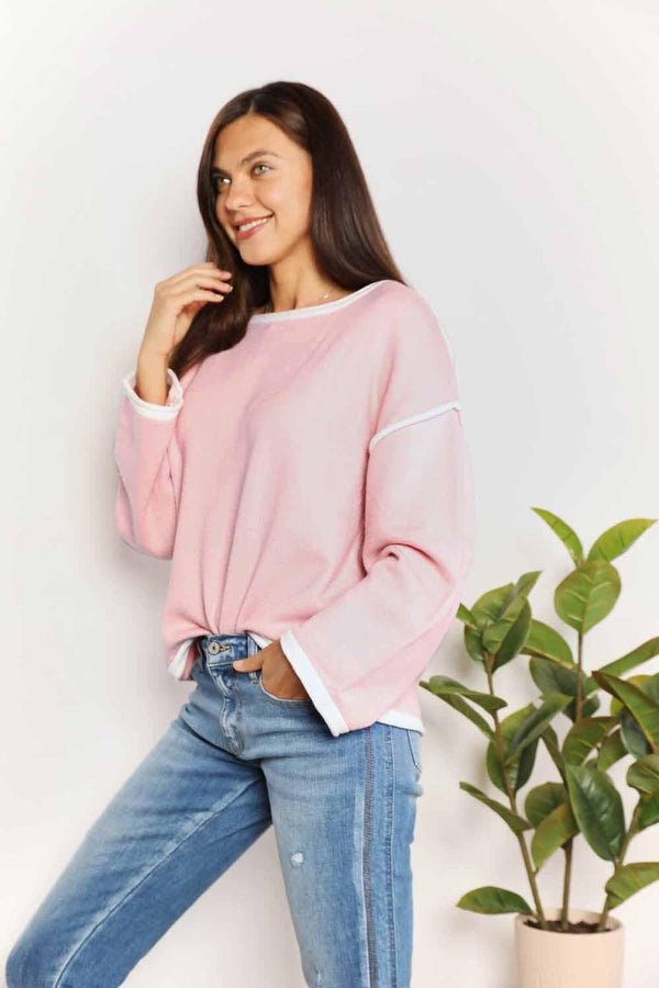 Double Take Contrast Detail Dropped Shoulder Knit Top - Crazy Like a Daisy Boutique