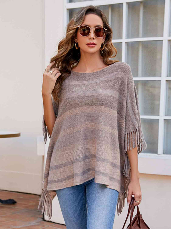 Striped Boat Neck Poncho with Fringes - Crazy Like a Daisy Boutique #