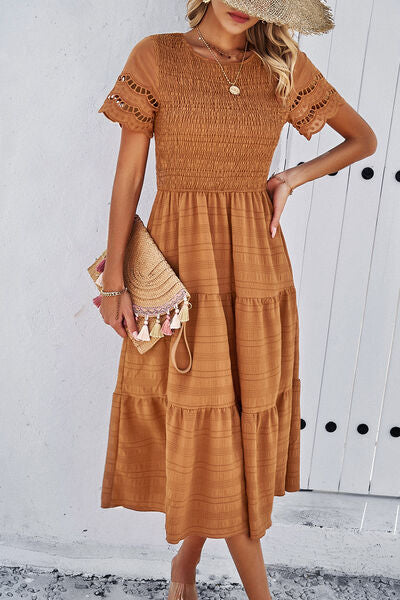 Smocked Round Neck Short Sleeve Midi Dress - Crazy Like a Daisy Boutique #