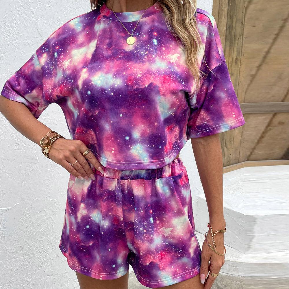 Tie Dye Round Neck Dropped Shoulder Half Sleeve Top and Shorts Set - Crazy Like a Daisy Boutique #