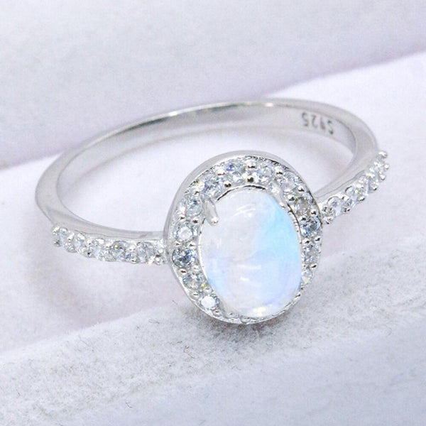 Natural Moonstone Halo Ring - 925 Sterling Silver - Crazy Like a Daisy Boutique #