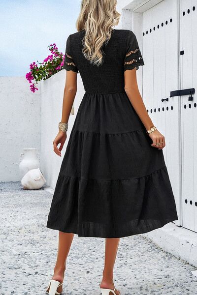 Smocked Round Neck Short Sleeve Midi Dress - Crazy Like a Daisy Boutique #