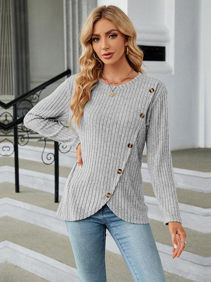 Round Neck Ribbed Button Detail Blouse - Crazy Like a Daisy Boutique