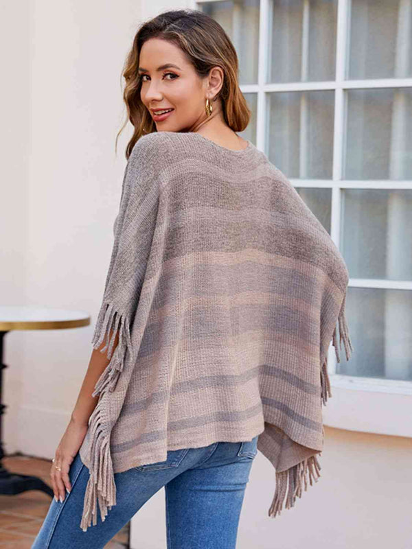 Striped Boat Neck Poncho with Fringes - Crazy Like a Daisy Boutique #