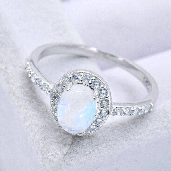 Natural Moonstone Halo Ring - 925 Sterling Silver - Crazy Like a Daisy Boutique #