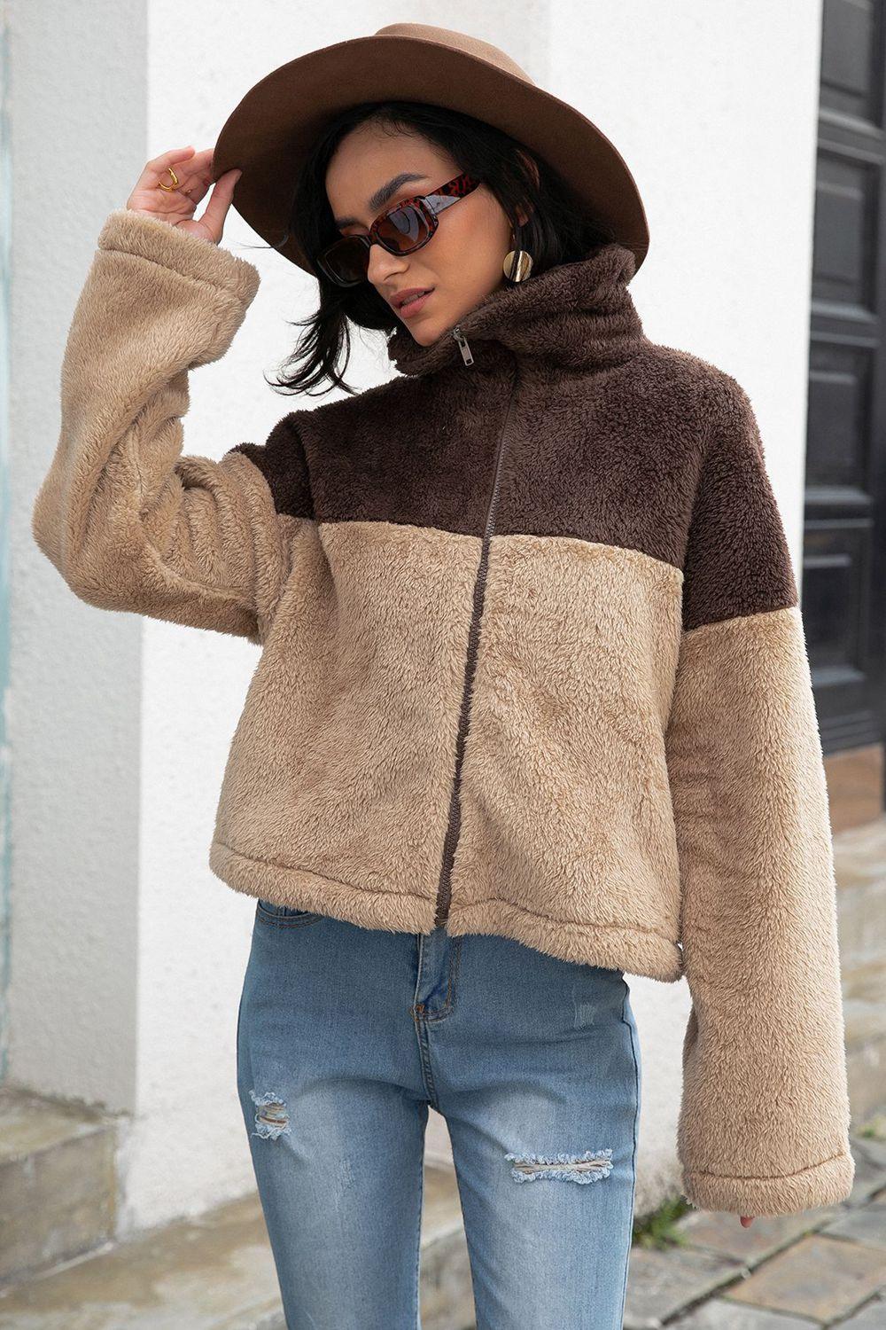 Two-Tone Collared Neck Fuzzy Jacket - Crazy Like a Daisy Boutique #