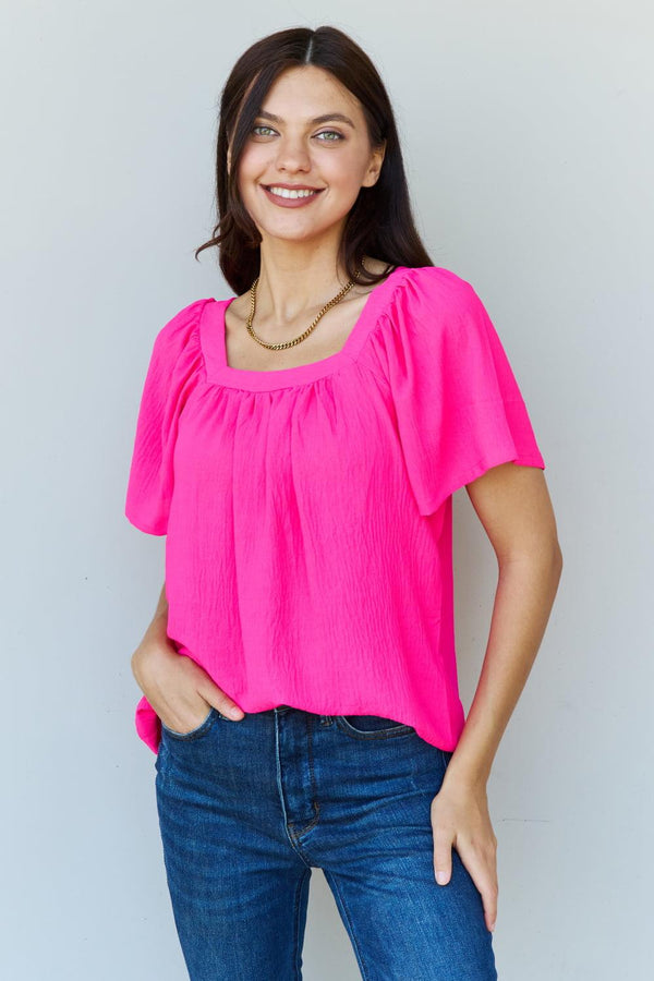 Ninexis Keep Me Close Square Neck Short Sleeve Blouse in Fuchsia - Crazy Like a Daisy Boutique #