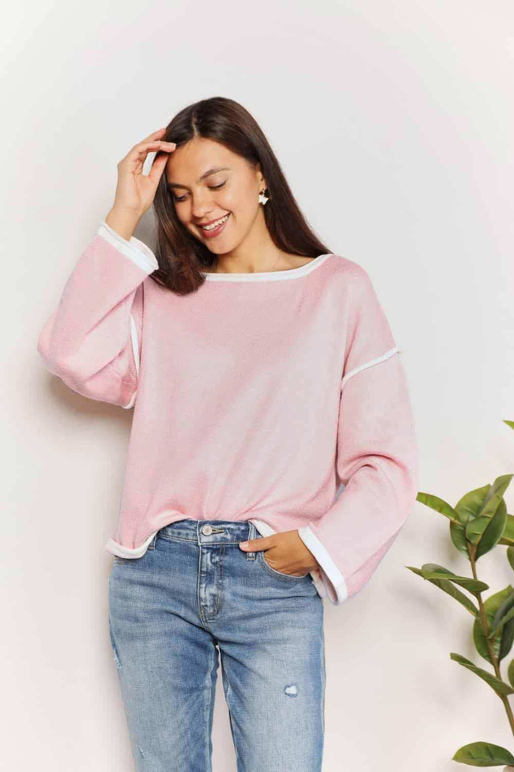 Double Take Contrast Detail Dropped Shoulder Knit Top - Crazy Like a Daisy Boutique #