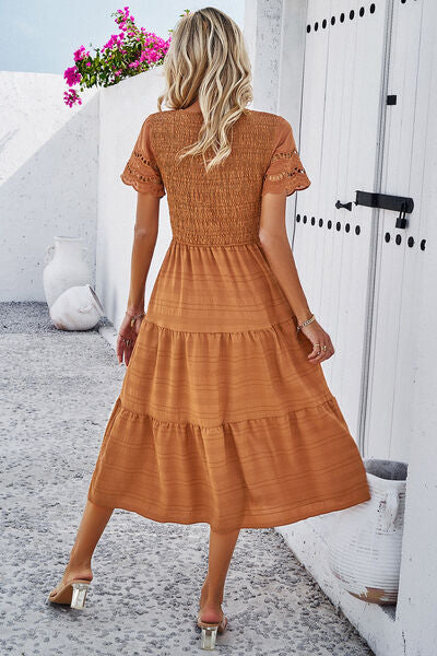 Smocked Round Neck Short Sleeve Midi Dress - Crazy Like a Daisy Boutique #