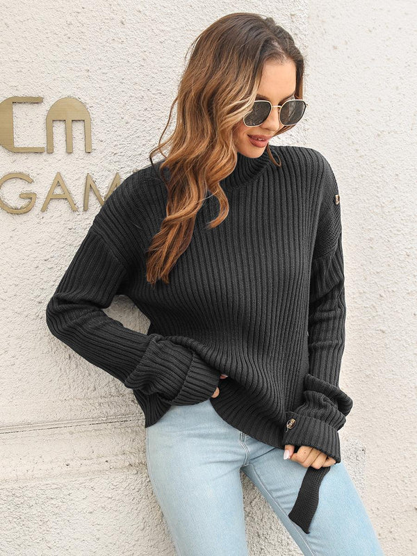 Decorative Button Slit Sweater - Crazy Like a Daisy Boutique #