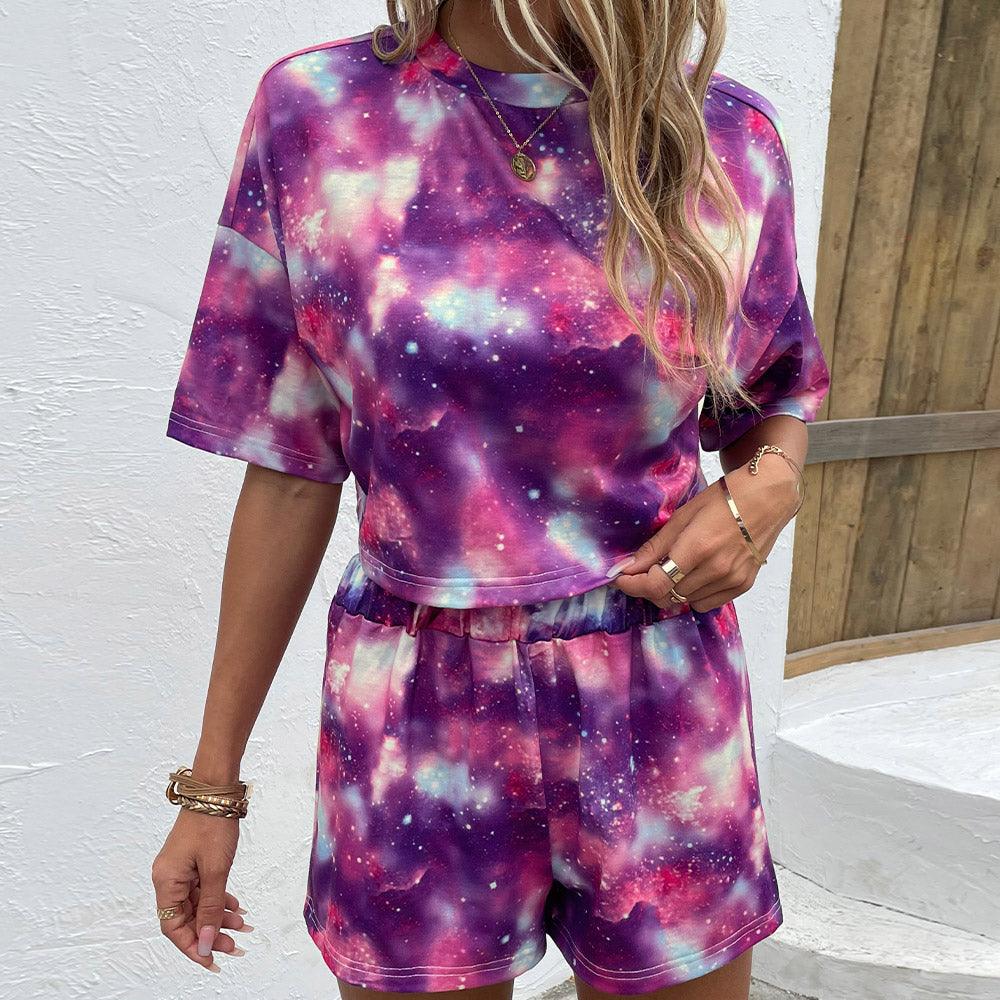 Tie Dye Round Neck Dropped Shoulder Half Sleeve Top and Shorts Set - Crazy Like a Daisy Boutique #